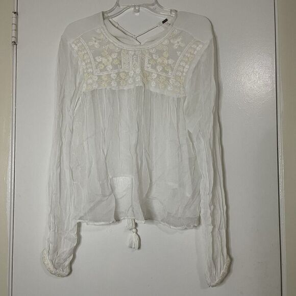 Free People white ivory beaded embroidery sheer long sleeve peasant top Small - Picture 1 of 7